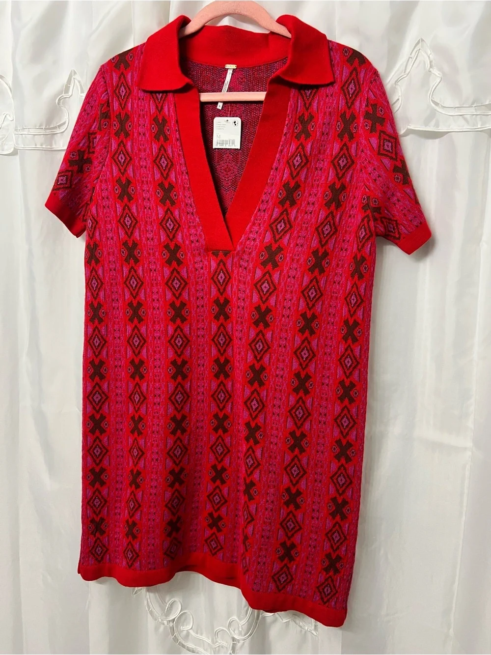 Free People Kitt Mini Dress Berry Combo Sweater Knit Collared NWT Medium